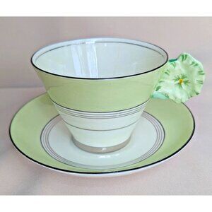 Royal Paragon Pansy Flower Handle Green Tea Cup Saucer Set Rare AS IS